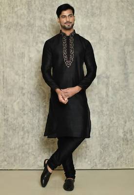 Black art silk mens  kurta with churidar set 1