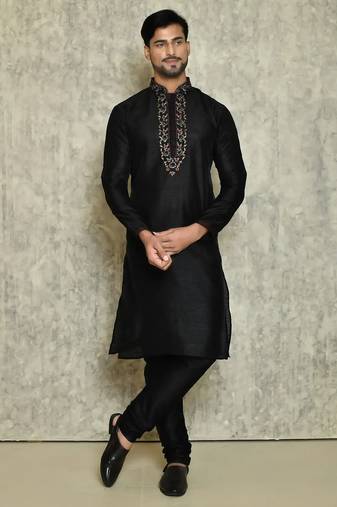 Black art silk mens  kurta with churidar set