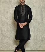 Black art silk mens  kurta with churidar set