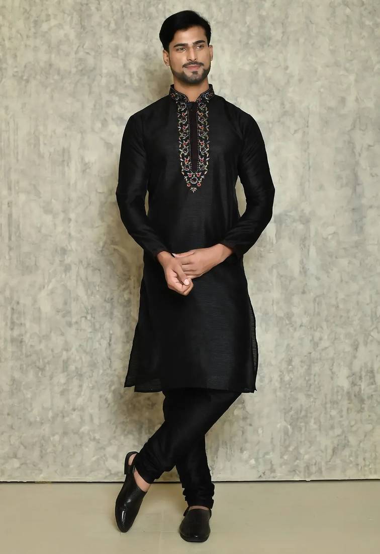 Black art silk mens  kurta with churidar set