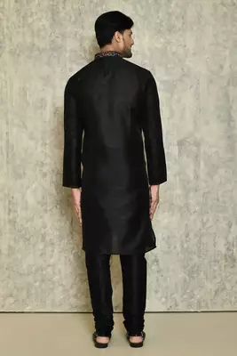 Black art silk mens  kurta with churidar set 2