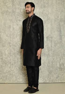 Black art silk mens  kurta with churidar set 3