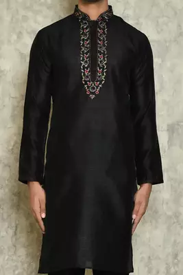 Black art silk mens  kurta with churidar set 4