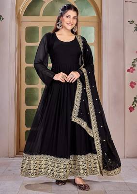 Black Embroidered Anarkali Gown with Gold Border & Matching Dupatta 1