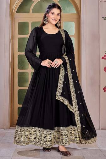 Black Embroidered Anarkali Gown with Gold Border & Matching Dupatta