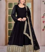 Black Embroidered Anarkali Gown with Gold Border & Matching Dupatta