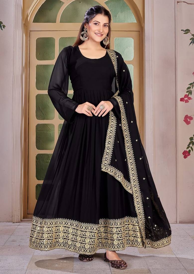 Black Embroidered Anarkali Gown with Gold Border & Matching Dupatta