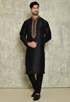 Black art silk mens  kurta with churidar set 1