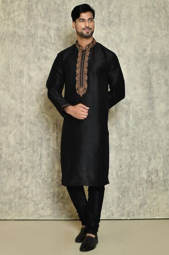 Black art silk mens  kurta with churidar set