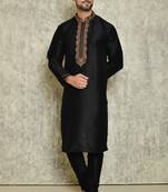 Black art silk mens  kurta with churidar set