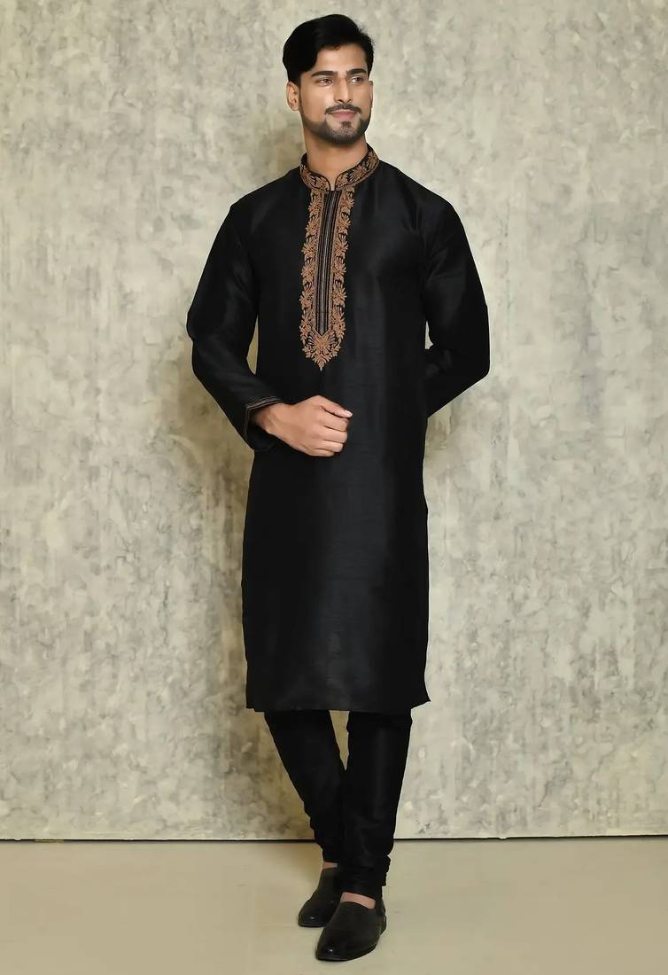 Black art silk mens  kurta with churidar set