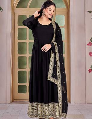 Black Embroidered Anarkali Gown with Gold Border & Matching Dupatta 2