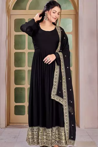 Black Embroidered Anarkali Gown with Gold Border & Matching Dupatta