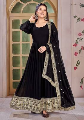 Black Embroidered Anarkali Gown with Gold Border & Matching Dupatta 3