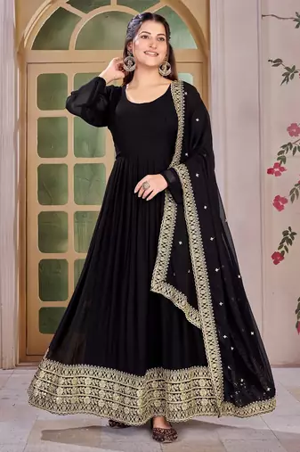 Black Embroidered Anarkali Gown with Gold Border & Matching Dupatta