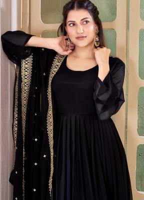 Black Embroidered Anarkali Gown with Gold Border & Matching Dupatta 4
