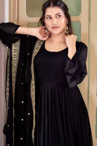 Black Embroidered Anarkali Gown with Gold Border & Matching Dupatta