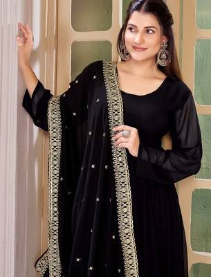 Black Embroidered Anarkali Gown with Gold Border & Matching Dupatta 5