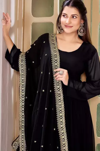 Black Embroidered Anarkali Gown with Gold Border & Matching Dupatta