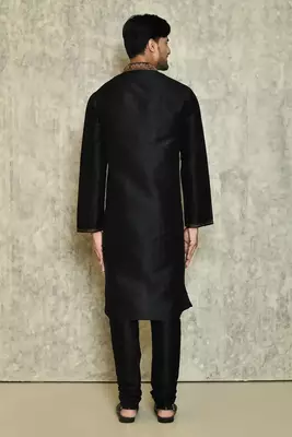 Black art silk mens  kurta with churidar set 2
