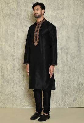 Black art silk mens  kurta with churidar set 3