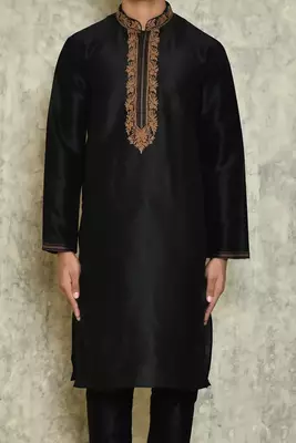 Black art silk mens  kurta with churidar set 4