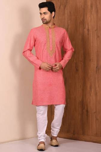 Pink  cotton blendmens  kurta with churidar set