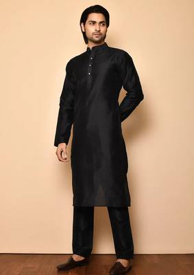 Black art silk mens  kurta with churidar set 1