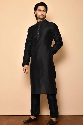 Black art silk mens  kurta with churidar set