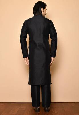 Black art silk mens  kurta with churidar set 2
