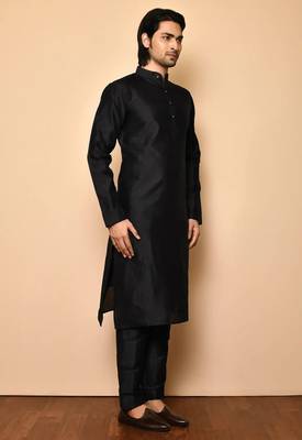 Black art silk mens  kurta with churidar set 3