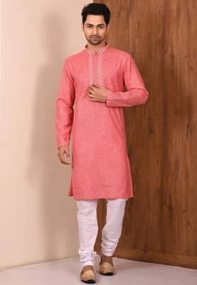 Pink  cotton blendmens  kurta with churidar set 1