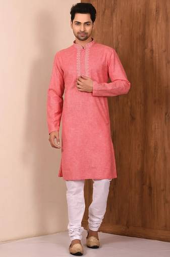Pink  cotton blendmens  kurta with churidar set