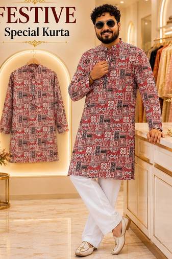 Maroon soft cotton and print kurta and payjama
