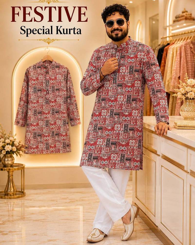 Maroon soft cotton and print kurta and payjama