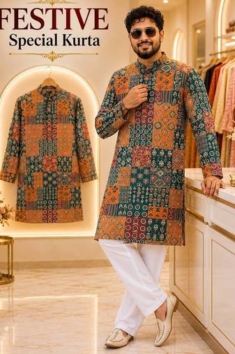 Green soft cotton and print kurta and payjama