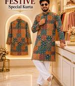 Green soft cotton and print kurta and payjama