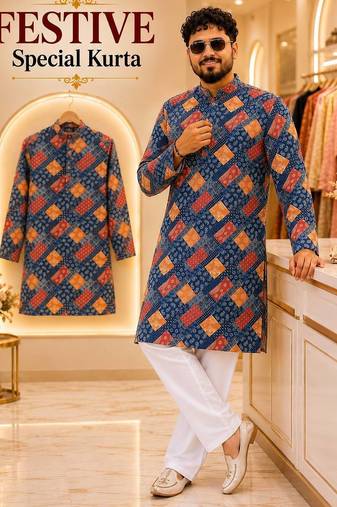 Blue soft cotton and print kurta and payjama