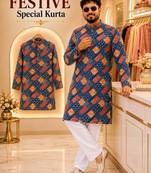 Blue soft cotton and print kurta and payjama