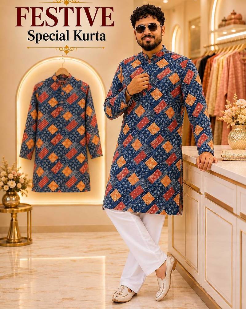 Blue soft cotton and print kurta and payjama