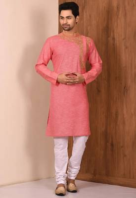 Pink  cotton blendmens  kurta with churidar set 1