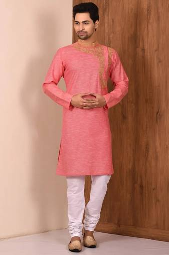 Pink  cotton blendmens  kurta with churidar set