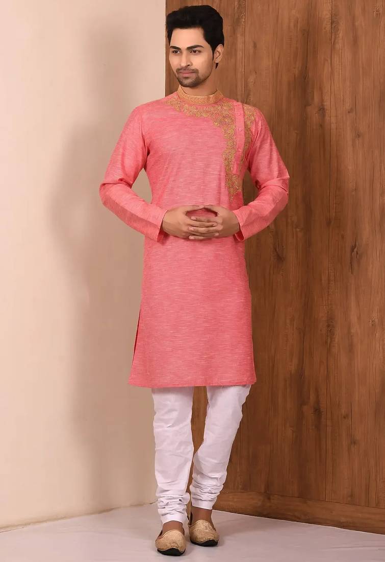 Pink  cotton blendmens  kurta with churidar set