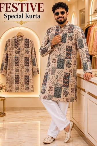 Cream soft cotton and print kurta and payjama