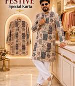 Cream soft cotton and print kurta and payjama