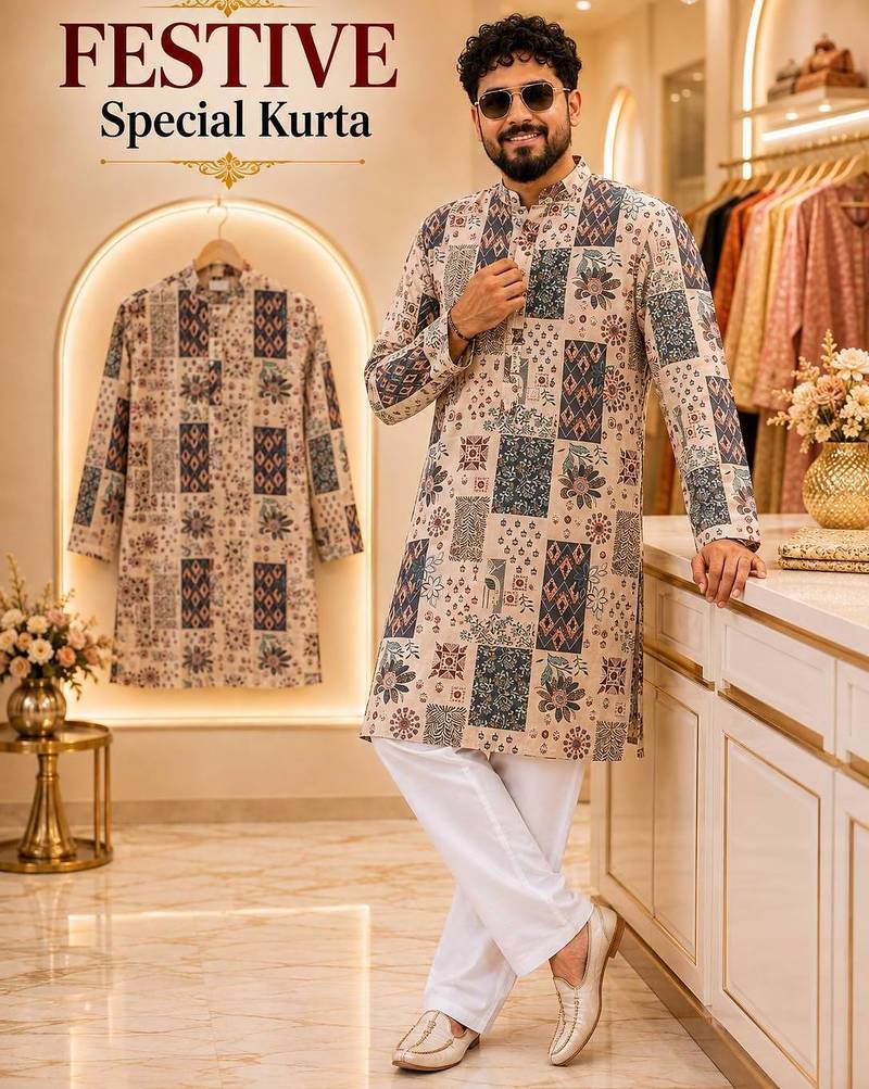 Cream soft cotton and print kurta and payjama