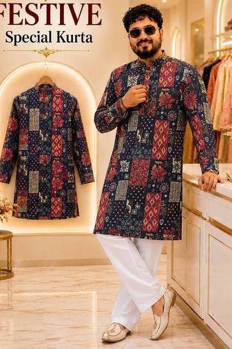 Black soft cotton and print kurta and payjama