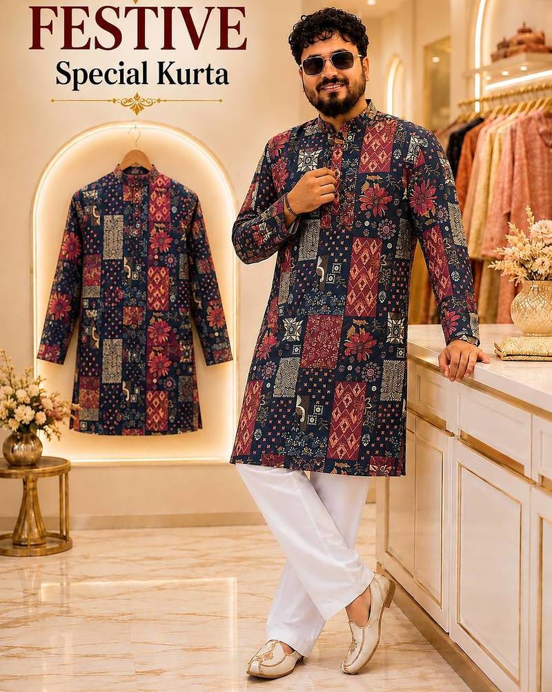 Black soft cotton and print kurta and payjama