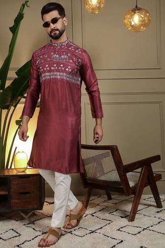 Maroon silk embroidery party wear kurta and payjama