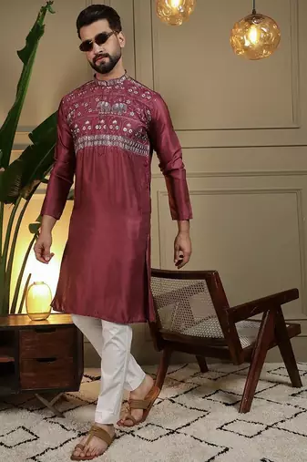 Maroon silk embroidery party wear kurta and payjama